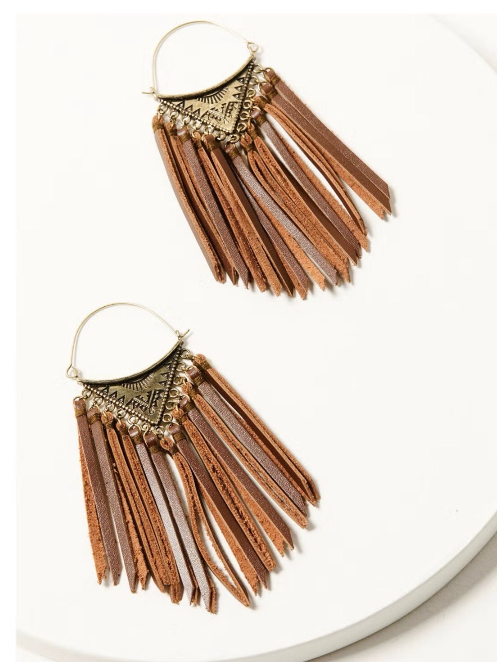 NEW Shyanne Leather Fringe Tribal Boho Hoop Earrings with Antique Gold Accents